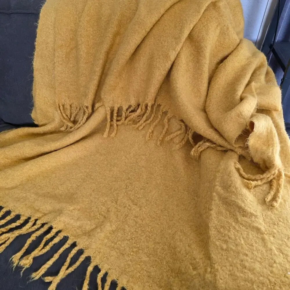 Pottery Barn Cozy Mustard Yellow Fringe Throw Blanket 50